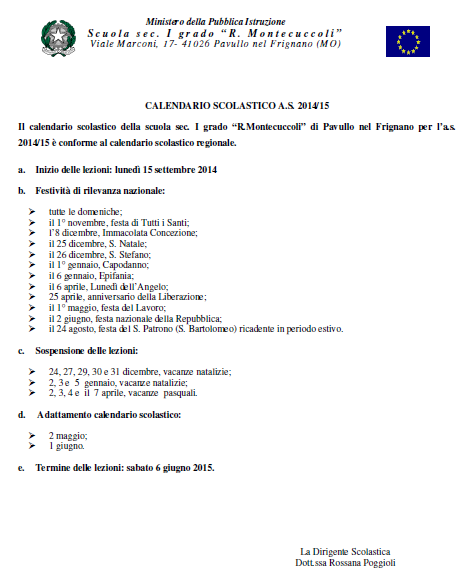 Calendario scolastico 14-15